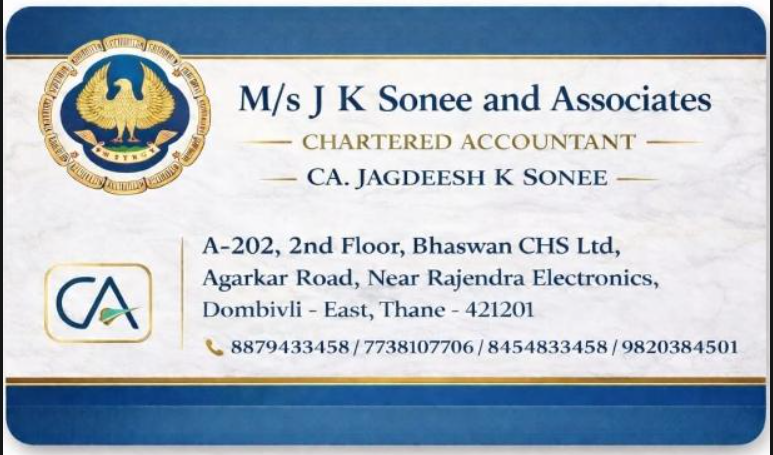 Visiting card of M/s J K Sonee and Associates, Chartered Accountants, CA. Jagdeesh K Sonee — A-202 Bhaswan CHS Ltd, Agarkar Road, Dombivli East, with the firm's four telephone numbers
