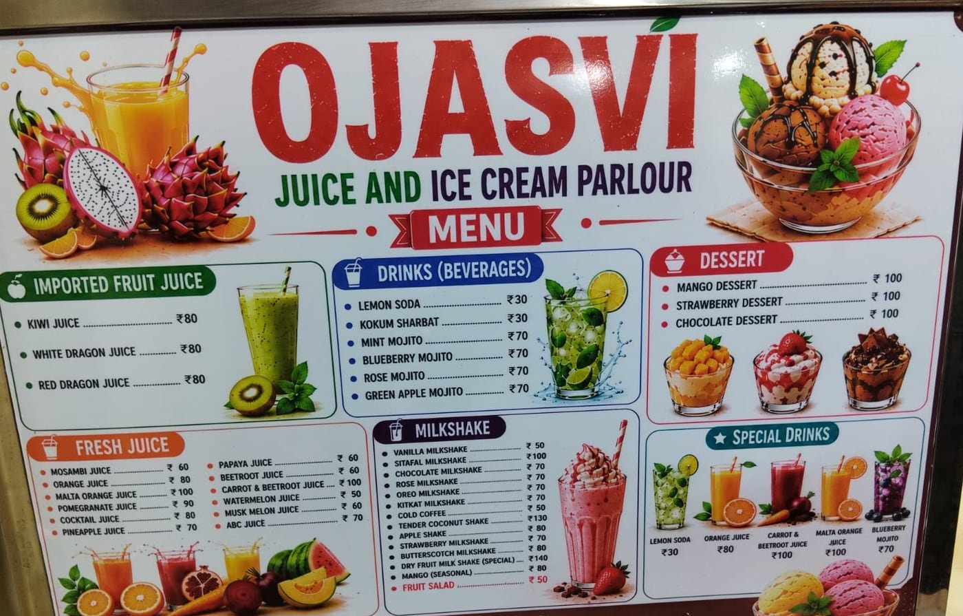 Ojasvi’s menu board, photographed in the shop: imported fruit juice, fresh juice, drinks, milkshakes, desserts and special drinks, with prices.