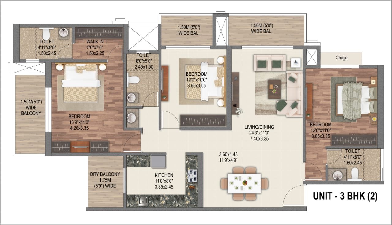 Lodha Opulus 3 BHK unit plan